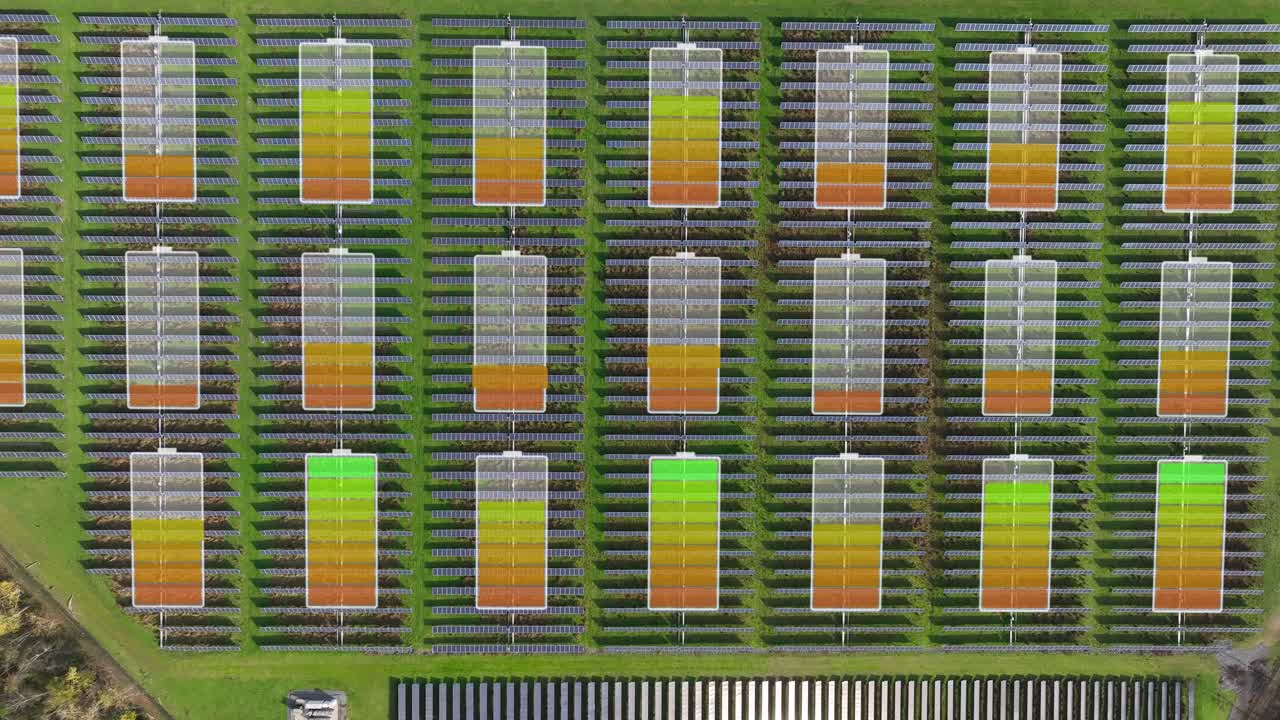 Solar farm array with battery charging symbols