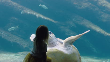 little girl at aquarium watching sea turtle swimming in tank curious child having fun watching fish swimming kid looking at marine life in oceanarium aquatic habitat