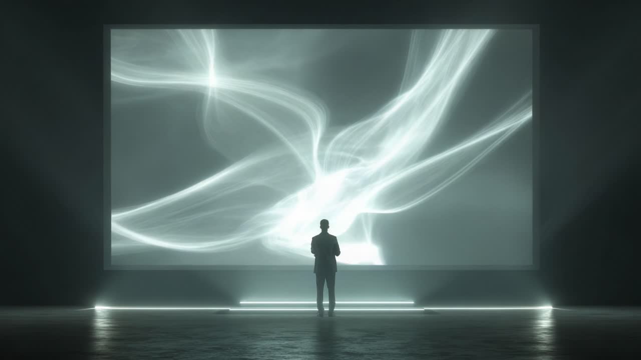Silhouette of a businessman standing in a futuristic, dark hall, looking at a large screen displaying a mesmerizing, flowing abstract light animation, representing innovation and technology