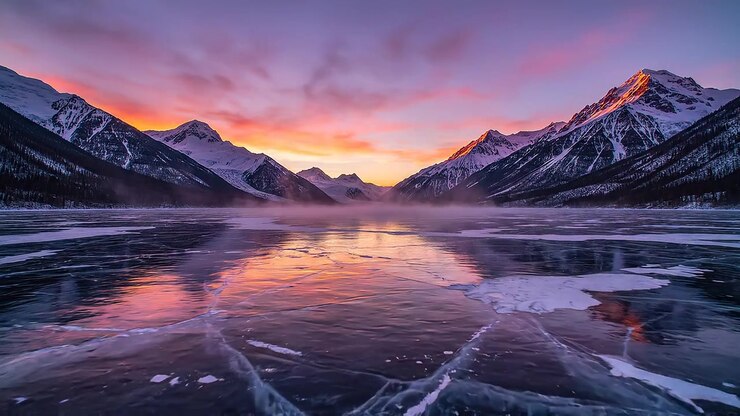 Frozen Lake with Cracked Ice and Sunset Mountain Range