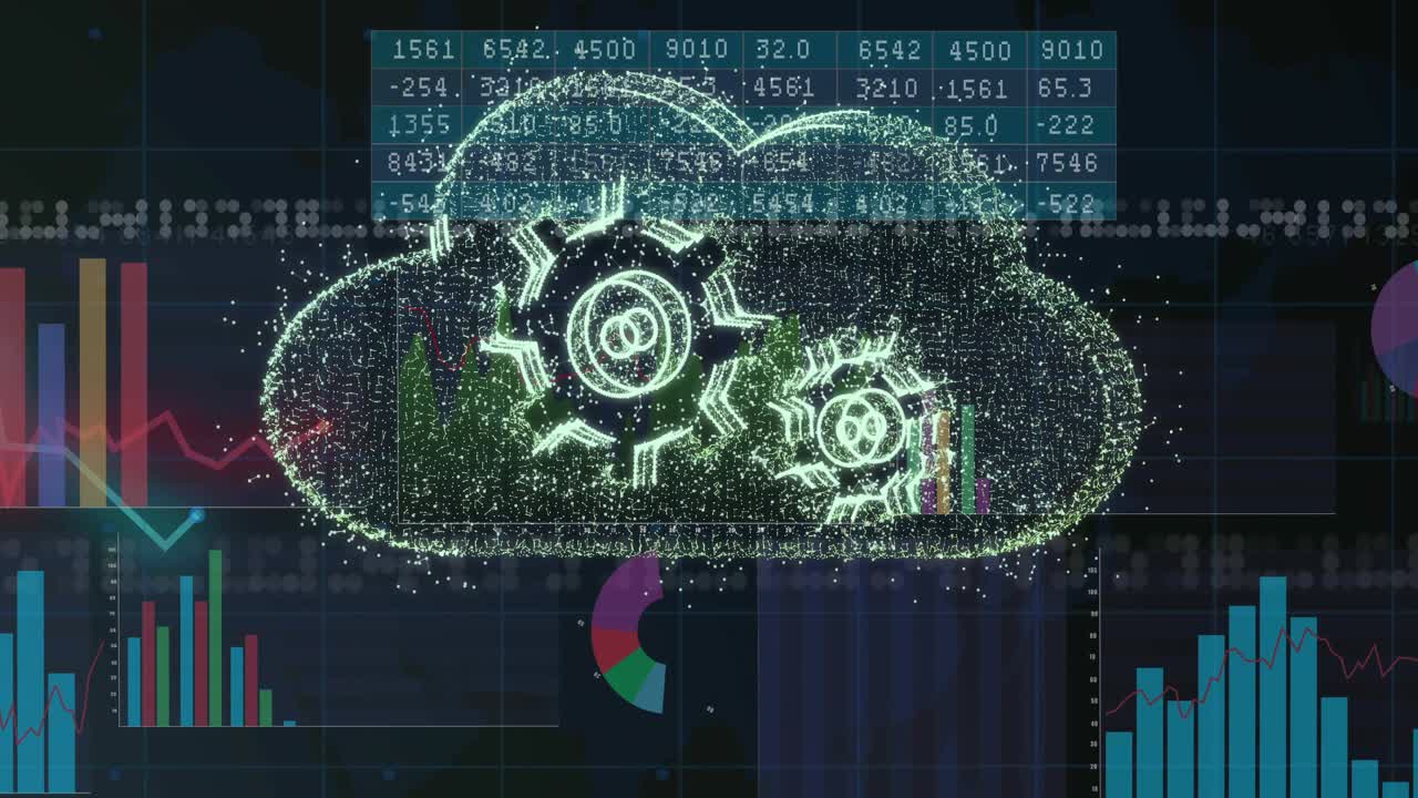Green particles rising then falling forming gear cloud pulsing then crumbling showing UI update