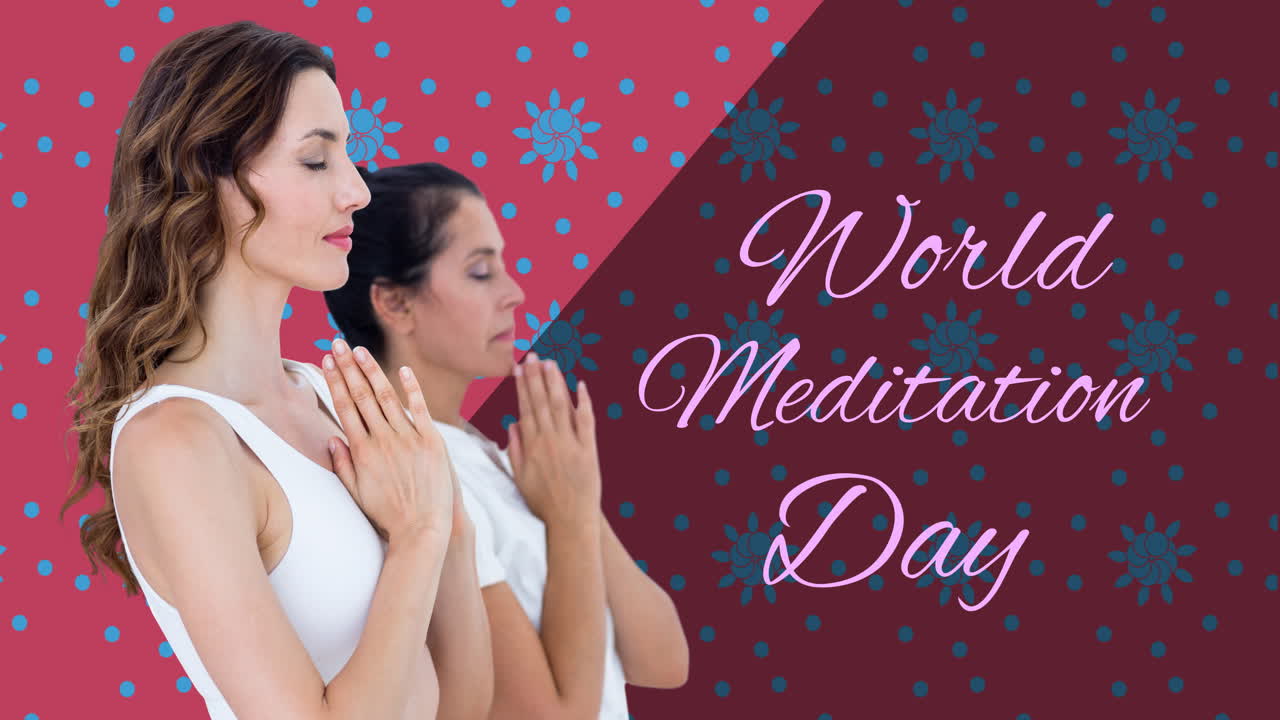 세계 명상 날 텍스트의 애니메이션으로 다양한 여성들이 빨간색 배경에 명상하고 있습니다.