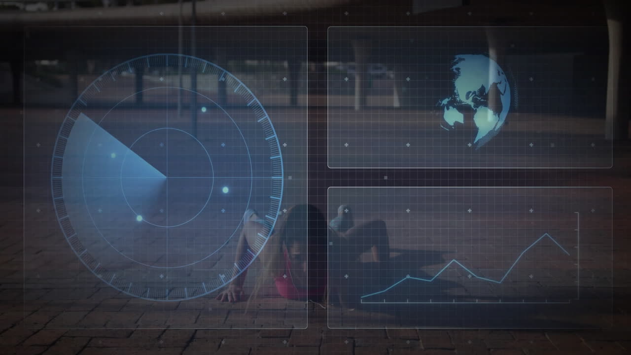 woman performing push-up on brick plaza, interacting with floating HUD charts for fitness tech