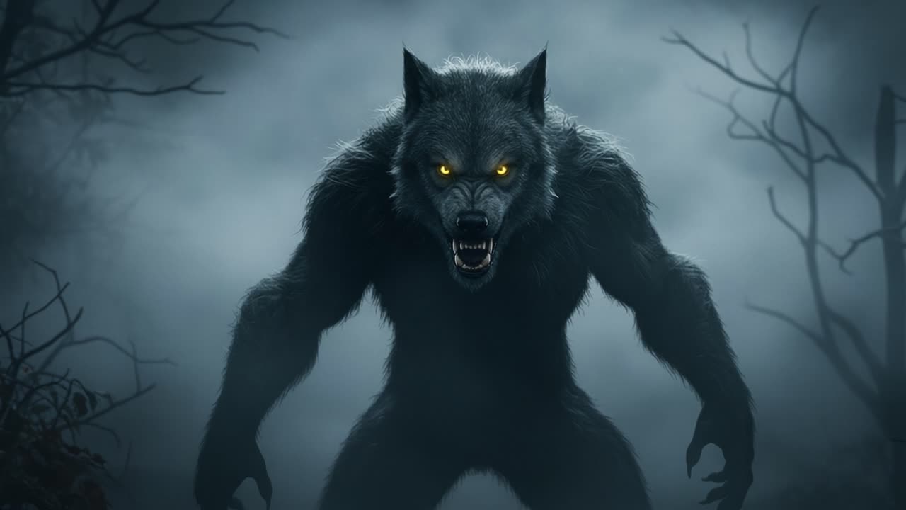 A menacing werewolf stands amidst a foggy forest, with glowing yellow eyes that pierce through the mist, embodying the fear and power of this mythical creature in the night