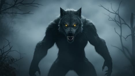 a menacing werewolf stands amidst a foggy forest, with glowing yellow eyes that pierce through the mist, embodying the fear and power of this mythical creature in the night