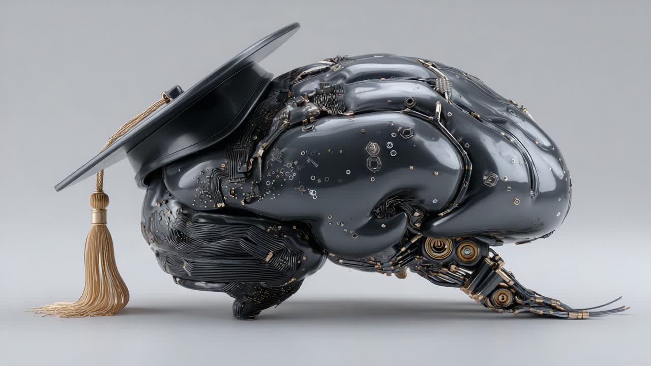 A Futuristic Robotic Brain Dressed in a Graduation Cap Symbolizing the Intersection of Technology and Education, Merging Intelligence with Innovation