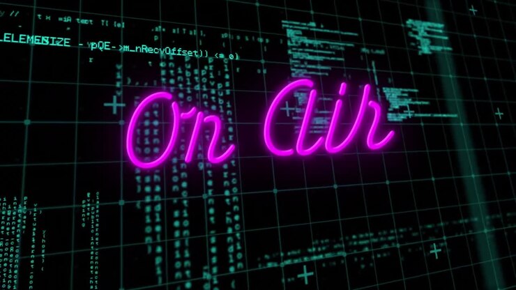 Animation of on air neon text with data processing on black background