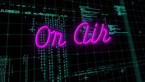 Animation of on air neon text with data processing on black background