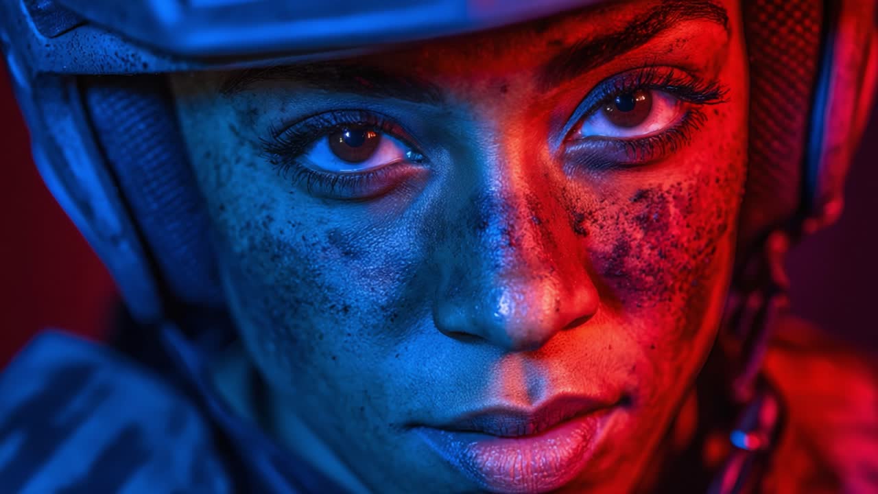 A close-up portrait of a determined soldier showcasing resolve and strength, captured in powerful lighting that highlights the grit and focus in her eyes and expression