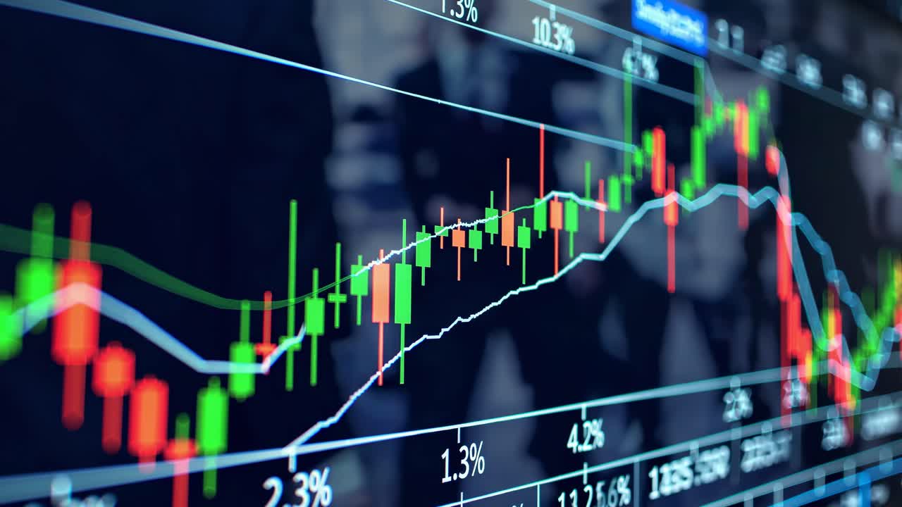 Concetto video dinamico di un grafico del mercato azionario, ripreso in primo piano, che mostra dati fluttuanti.