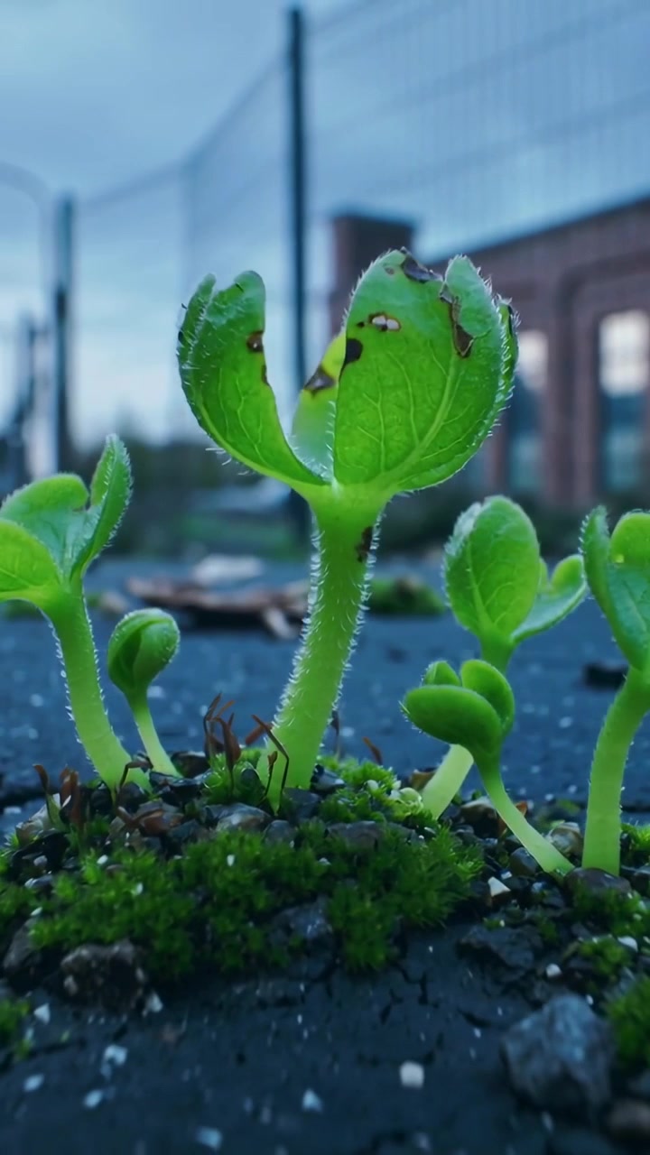 Vertikal video: Behåret frøplante folder blade ud på et tag i skumringen, med mos og grus.