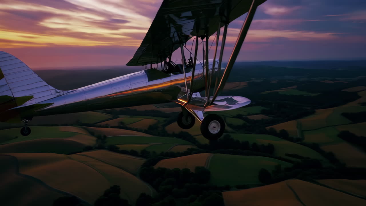Vintage Biplane Soaring Above Rolling Hills at Sunset