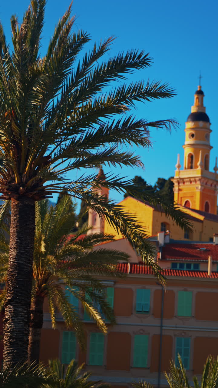 Distant view of the St Michel Basilica surrounded by colourful buildings and palm trees. Vertical, Menton, France
