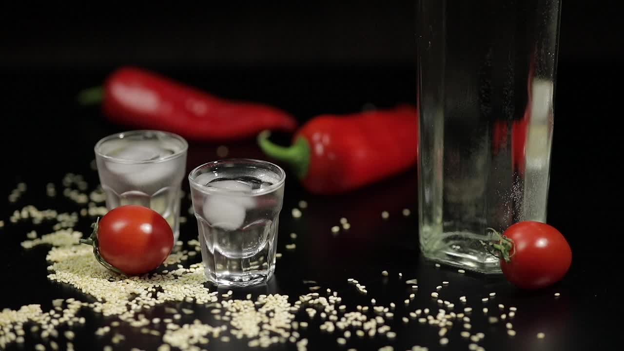 semillas de sésamo escasas a dos tazas de vodka cerca de la botella con vodka