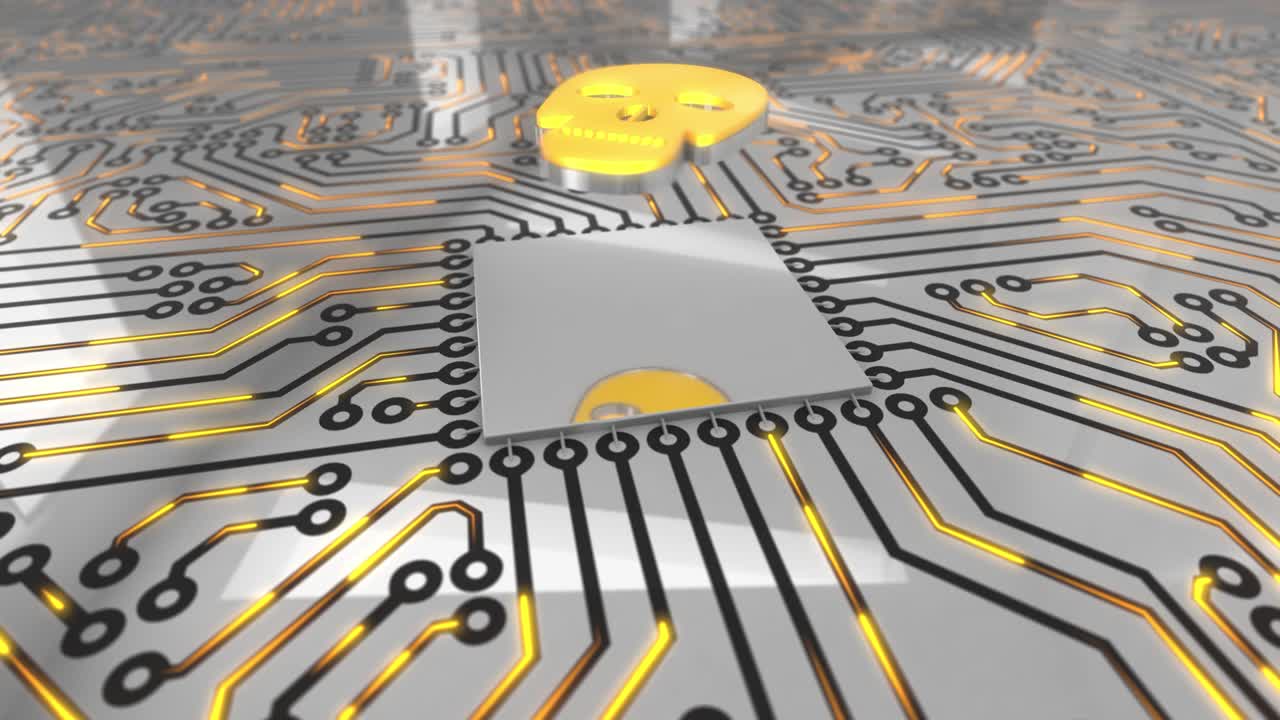 밝은 오렌지색 회전 컴퓨터 회로 보드 개념 두개골 루프