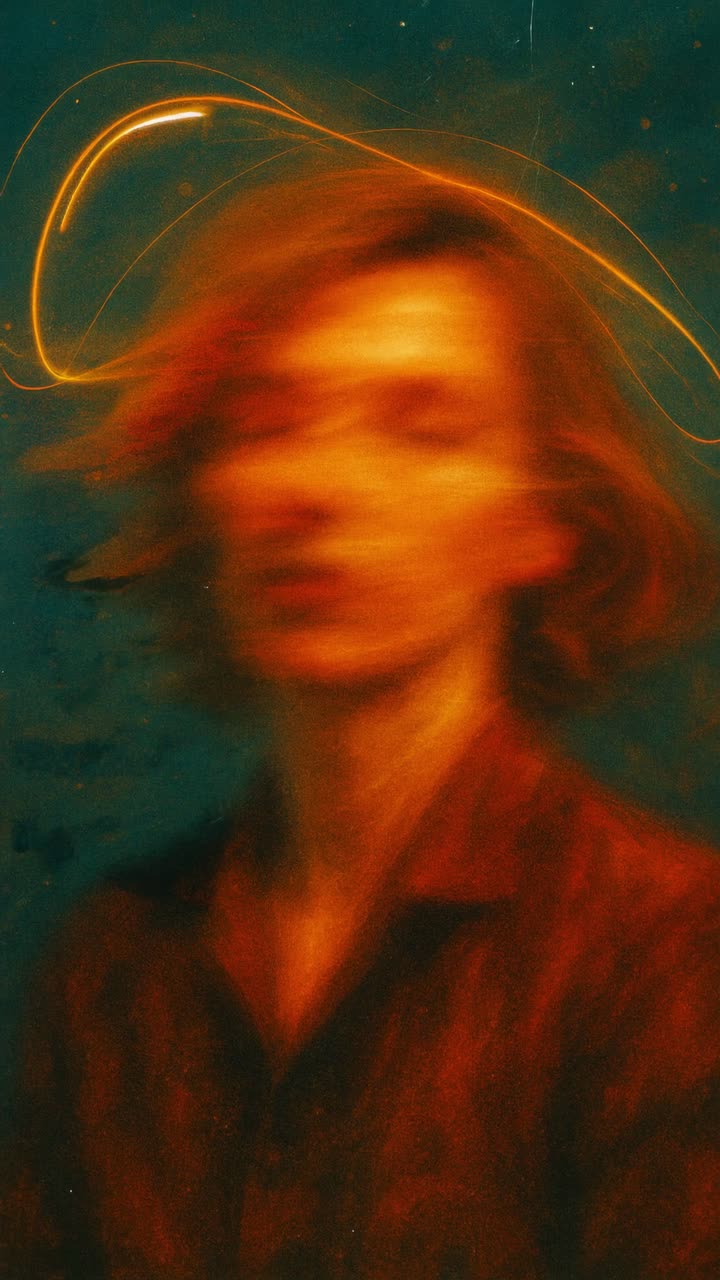 Abstract portrait of a woman shaking her head, creating motion blur and light trails in orange and white against a dark background, expressing energy and altered reality