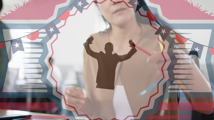 Animazione della bandiera degli Stati Uniti e silhouette di un uomo d'affari sovrapposte a diverse persone d'affari in ufficio.