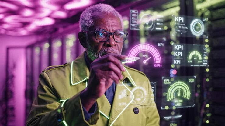 A focused elderly man in a vibrant green coat analyzes digital data on a transparent screen surrounded by technology, showcasing his expertise and engagement.