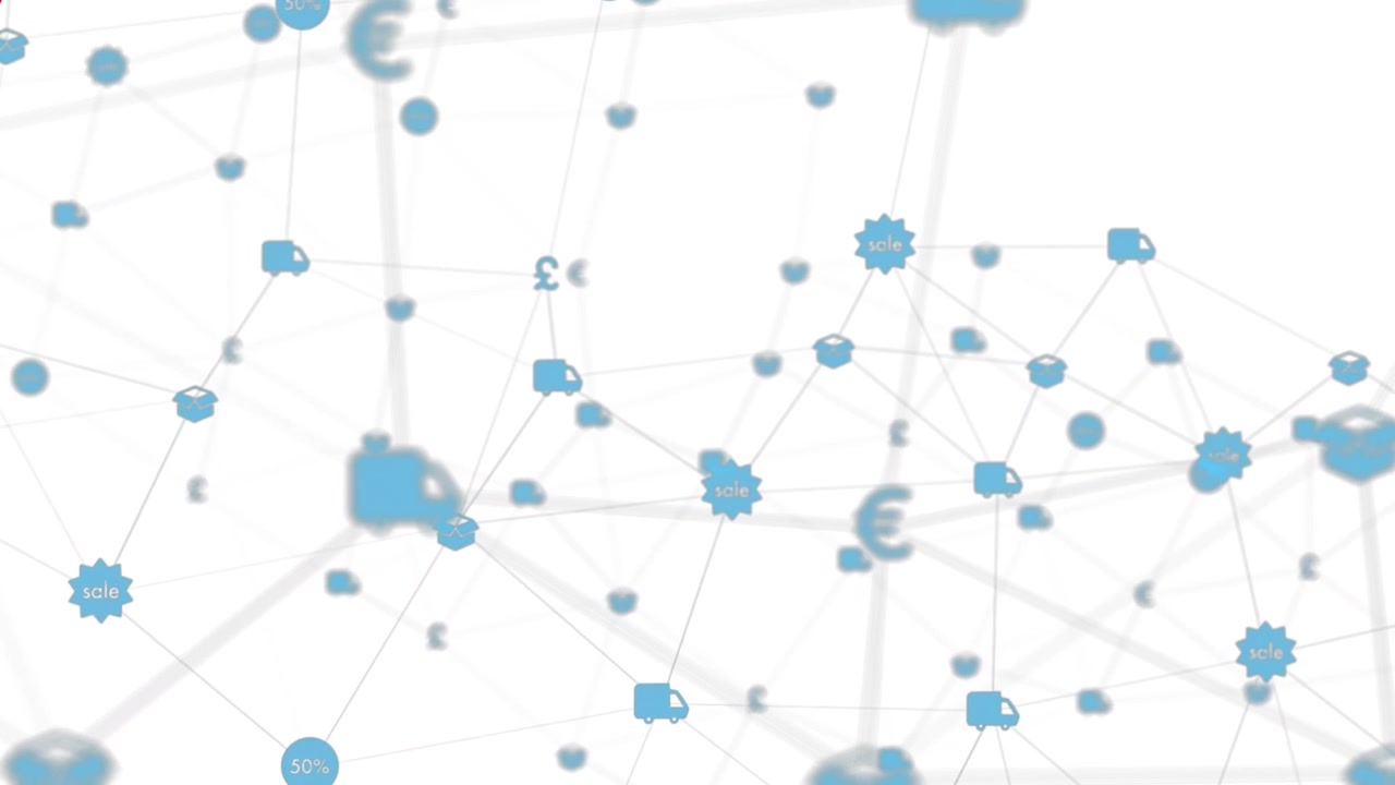 Dynamic Digital Network with Delivery, Sale, and Currency Icons