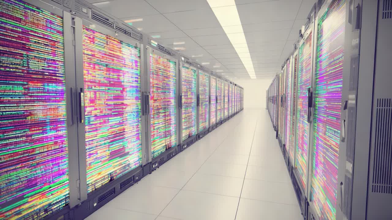A Vibrant Data Center Corridor Showcasing Colorful Server Racks and Advanced Technology, Illuminated by Bright Lighting and Modern Design Elements