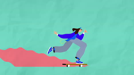 animación de un elegante niño skateboarding en el fondo verde.