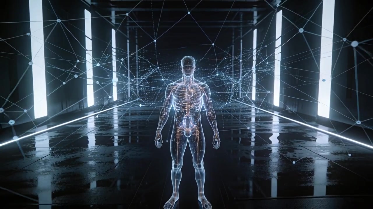 Pulling back camera revealing clear hologram in hall, showing pulsing heart and expanding node mesh