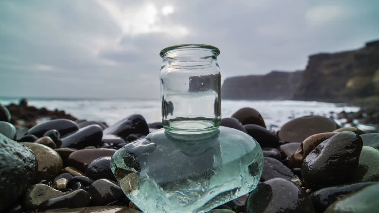 Fremadskridende brænding fra dønning sender sprøjt på en klar glaskrukke på akvamarinfarvet havglas ved småsten.