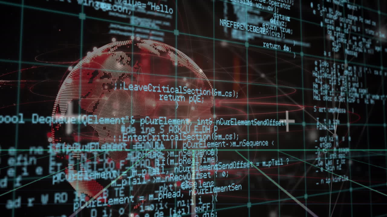 animación del procesamiento de datos y globo con conexiones a través de la red