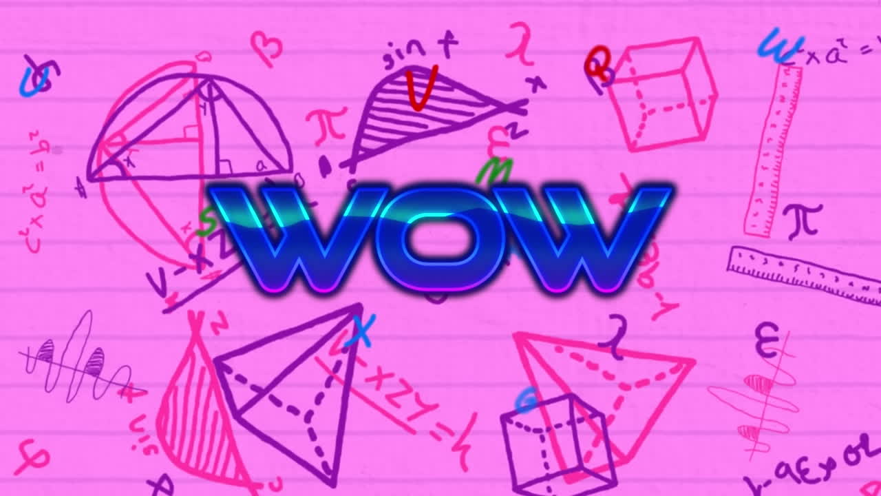 animación de texto wow sobre dibujos matemáticos en fondo rosa