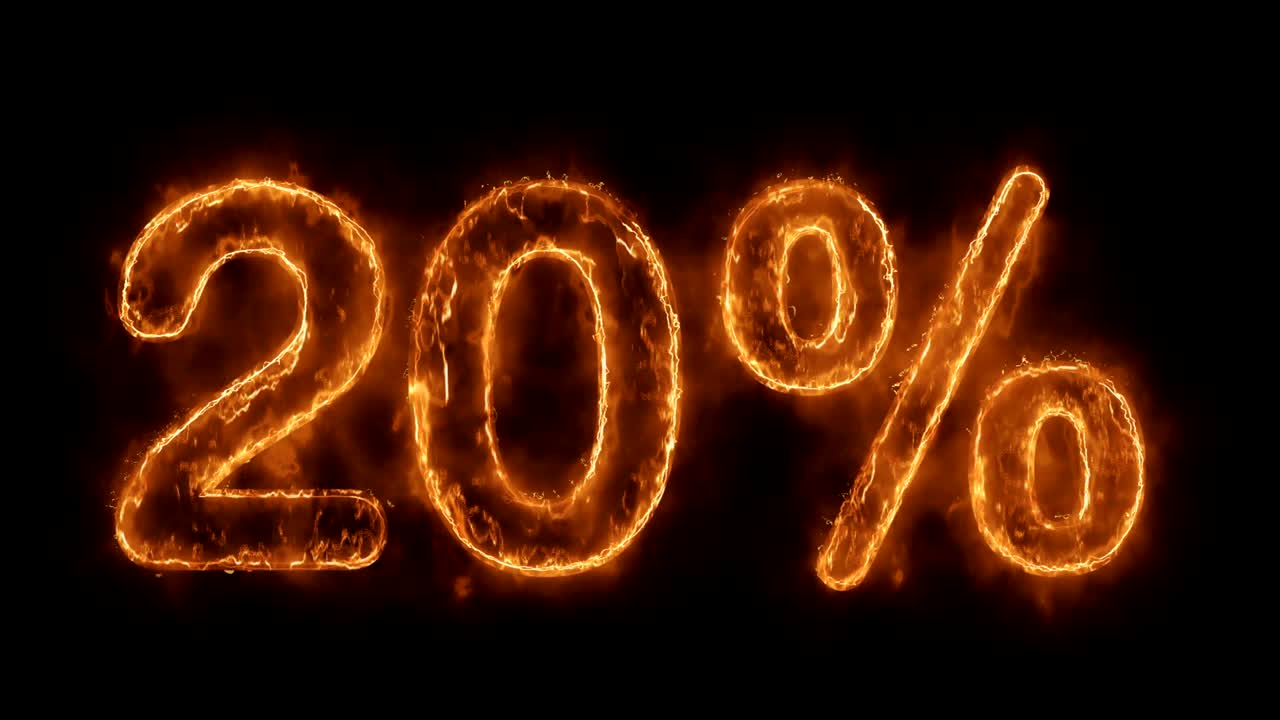 20% de descuento en palabras animadas calientes que queman un bucle de llamas de fuego realista.