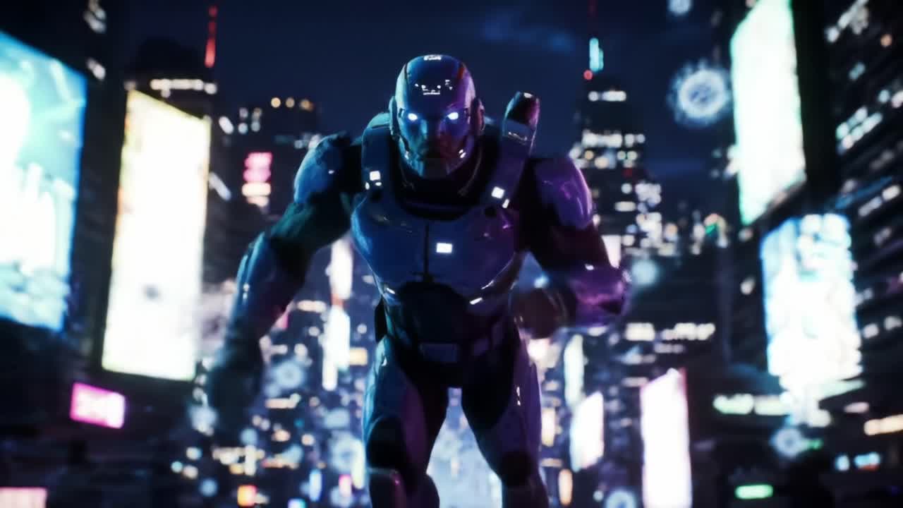 A futuristic armored figure charges through a neon-lit urban landscape, showcasing advanced technology and dynamic motion, embodying a scene of high-stakes action and excitement