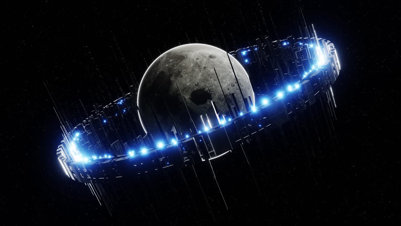 Glowing futuristic ring around planet, 3d animation