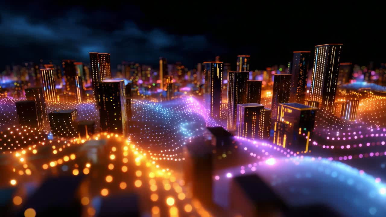 A Stunning Visualization of a Futuristic Cityscape Awash in Vibrant Neon Lights and Digital Effects, Capturing the Essence of Urban Life Enhanced by Advanced Technology and Stunning Aesthetics