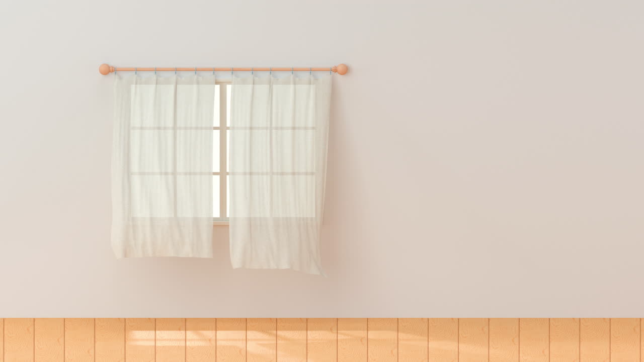 불어나는 커튼의 루프 애니메이션, 인테리어 배경, 3d 렌더링