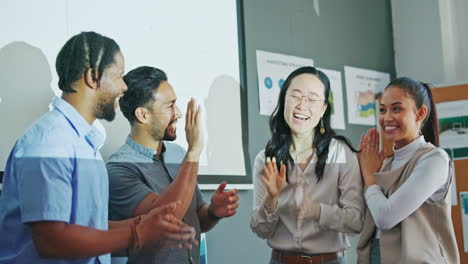 happy team, handshake and celebrate high five