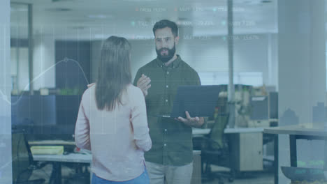 Animation-of-stock-market-data-processing-over-happy-diverse-man-and-woman-discussing-at-office