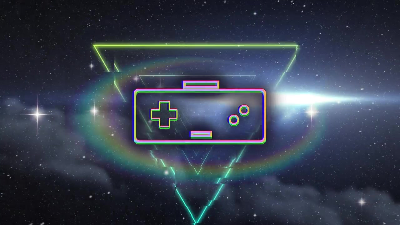 Animation of gaming console over looping triangles and lens flares on black background