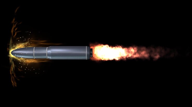 Detailed 3D futuristic nuclear missile design 08, launching with powerful rocket flames, fiery exhaust, sparks, and energy effects on a black background. Ideal for military technology concepts.