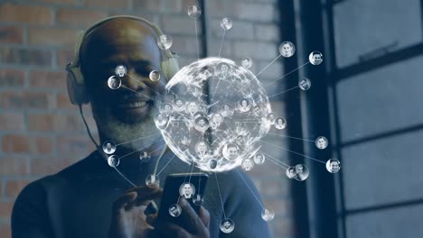 Network-of-connections-of-african-american-senior-man-wearing-headphones