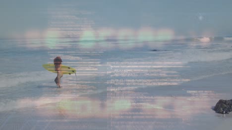 Animation-of-data-processing-over-biracial-woman-with-surfboard-in-sea