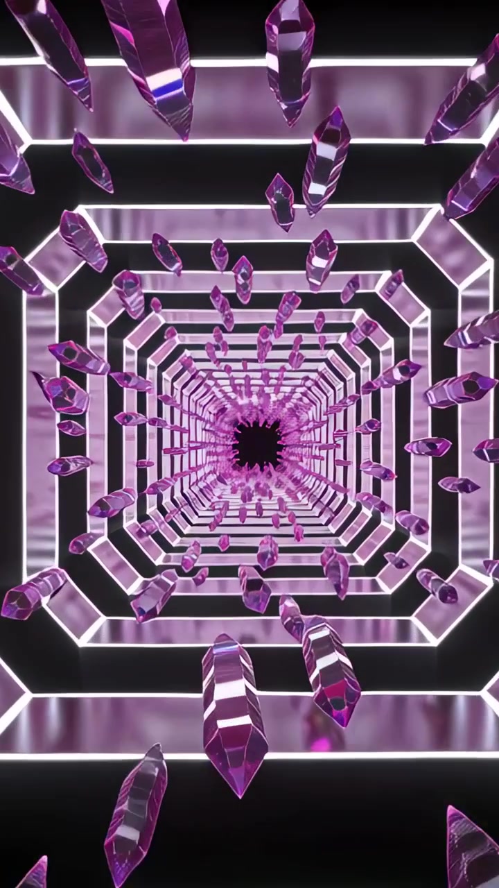 Vertical video: Shifting camera causing purple crystals moving toward neon frames, mirrored walls