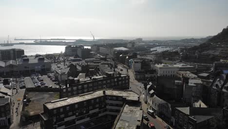 Slow-flowing-drone-shot-of-Dover-town-and-port-in-Kent,-UK