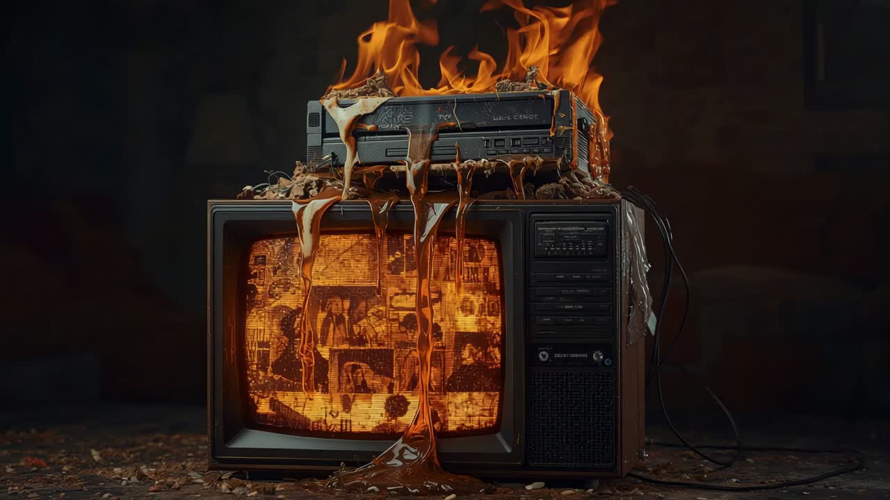 Smeltende plastik drypper fra en VCR-flamme ned på et vintage CRT-tv, mens flammerne eskalerer i et dæmpet rum.