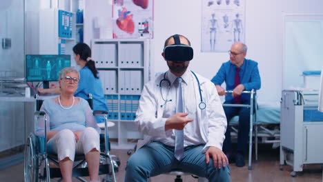 doctor wearing vr headset, diagnosing senior woman problems