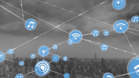 animation of wifi and music icons connected with lines over modern cityscape and cloudy sky