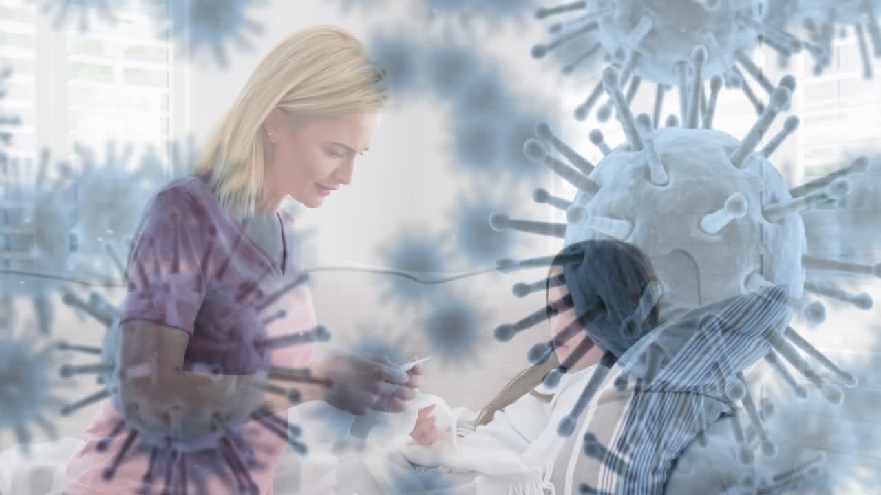 animación de células de covid 19 sobre una madre rubia caucásica con una hija enferma