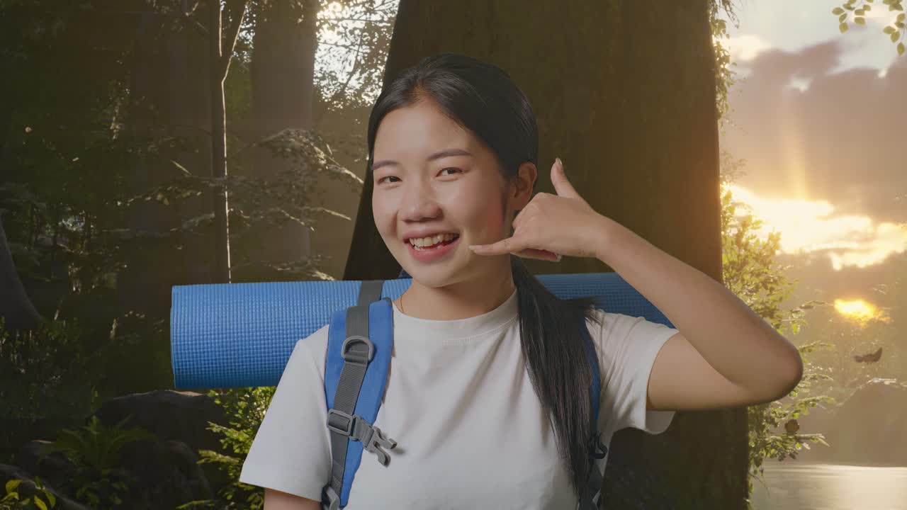 primer plano de una excursionista asiática con una mochila de montañismo sonriendo y mostrando el gesto de llamarme mientras explora la naturaleza del bosque