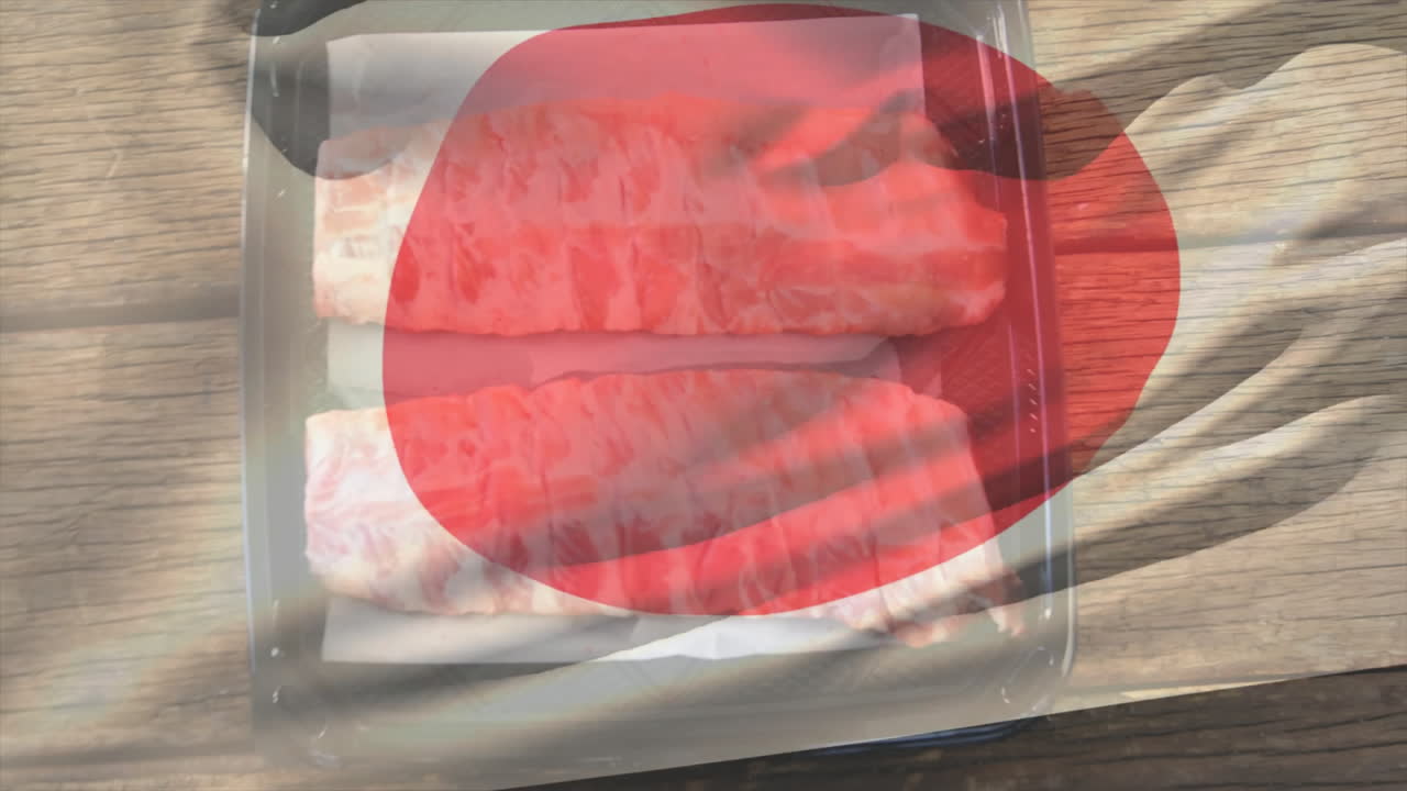Two pieces of raw salmon on tray with red overlay animation