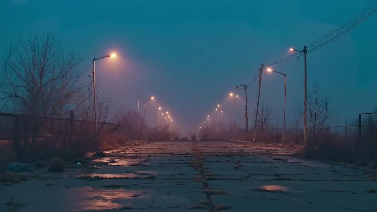 A street lined with street lights in the middle of a snowy field