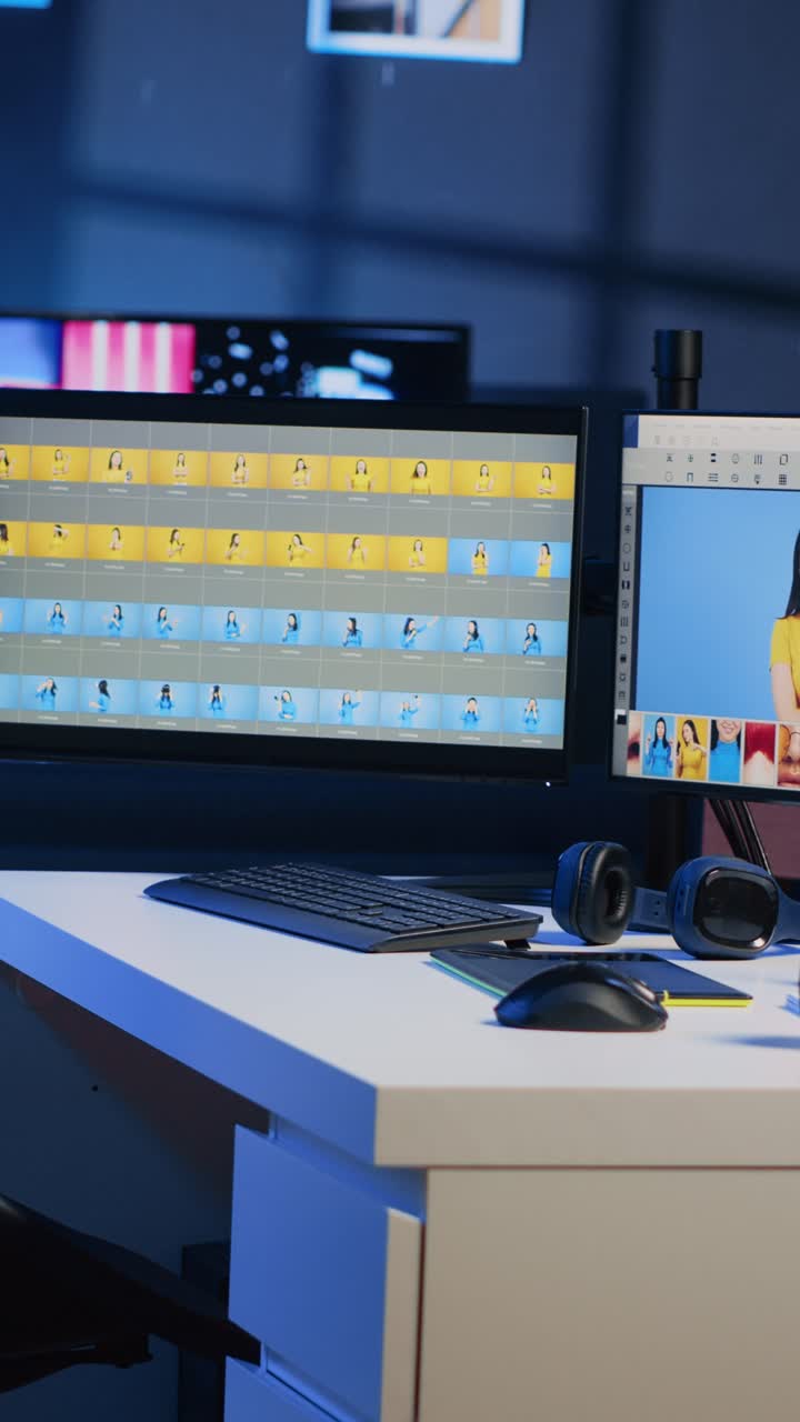 Vertical video Multi monitors setup in empty studio with photo editing software used to manipulate digital images